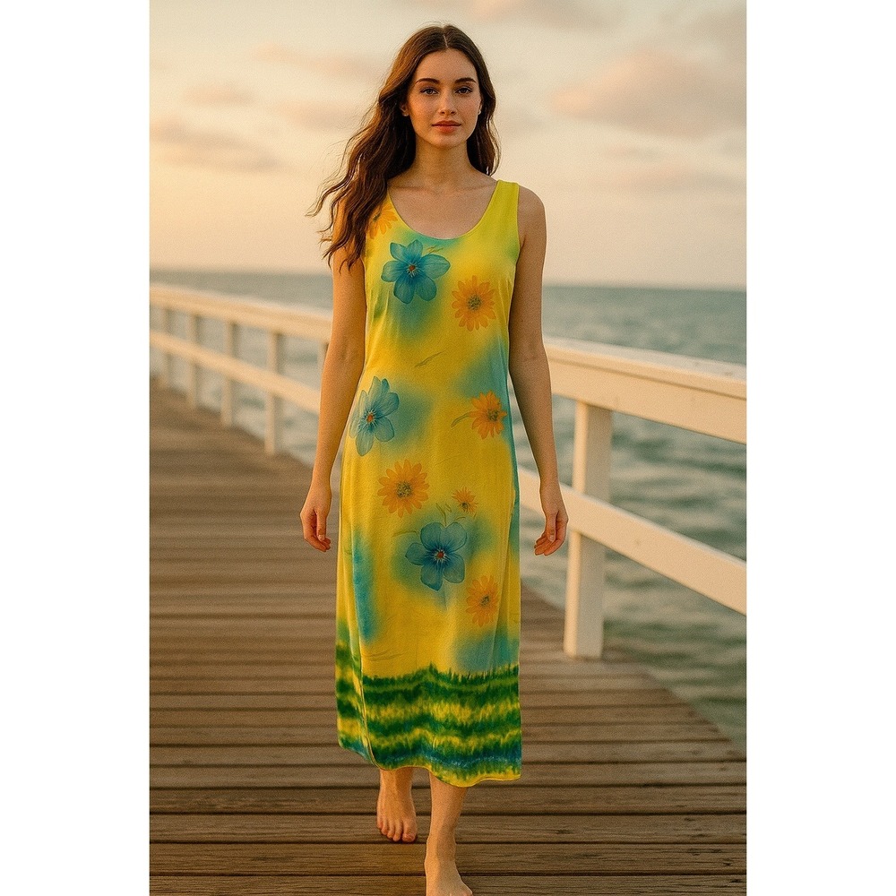 A Wild Thyme 5/6 Floral Dress Yellow Summer Maxi Flowy Beachy Boho Wedding Artsy